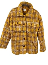 VIGOSS Women's Yellow Sherpa Plaid Button Down Shacket Medium