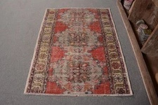 Vintage Handwoven Rug, 3.2x4.4 ft Red and Gray Area Rug