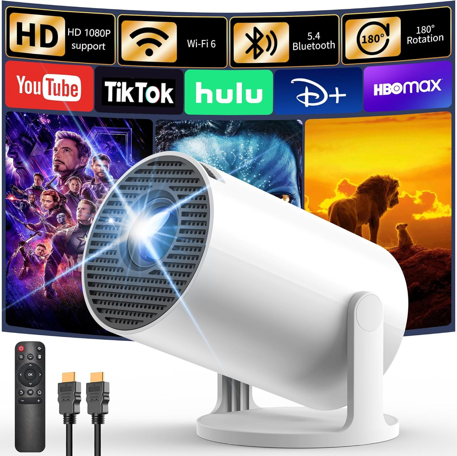 Mini Projecteur 4K Portable Blanc avec Wi-Fi 6 et Bluetooth 5.4 Intégrés