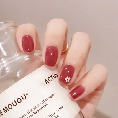Press on Nail - Wine Red Small Flowers, Short Square Fake Nails, 48 Piece Set