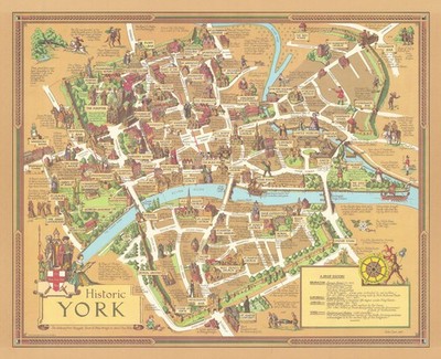 Historisches York von Estra Clark. Dekorativer alter bildhafter Stadtplan 1947 Landkarte