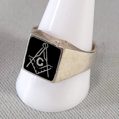 Vintage 925 Sterling Silver Masonic Signet Ring Black Enamel Square Mens 11.5 - Image 1 of 4