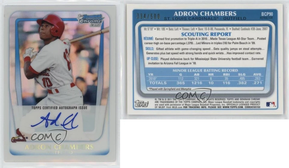 2011 Bowman Chrome Prospects Auto Refractor 334/500 Adron Chambers #BCP90 - Image 3 of 3