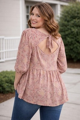 Pink Babydoll blouse 3x Tie Back floral peasant romantic cottagecore sweet girl