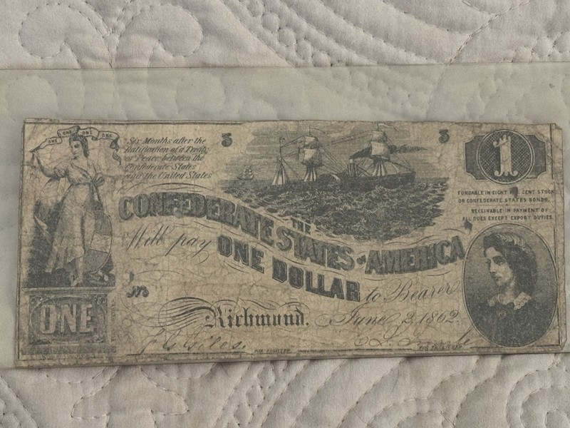19th Century $1 Banknote Richmond Issued Civil War Currency June 2, 1862