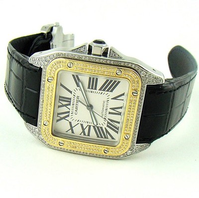 Cartier Santos 100 2656 W20072X7 18k Gold Bezel Steel Diamonds