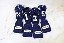 Wilson Navy & White Knitted Golf Club Pom Pom Head Covers Vintage Set X, 1, 3, 5