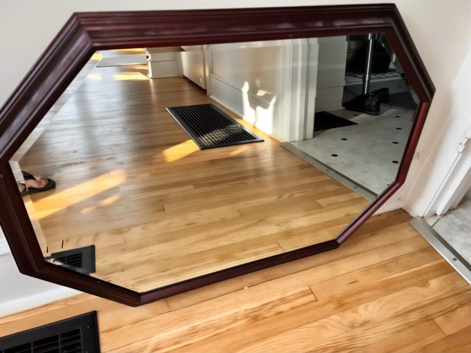 Wood Framed Mirror Bassett Large Octagonal Beveled Walnut Wall Hanging - Image 2 of 4