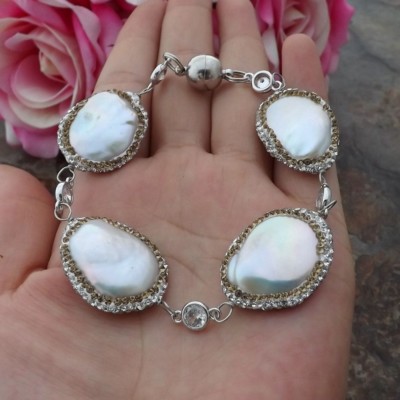 GE091313 8'' White Keshi Pearl Chain Bracelet | eBay