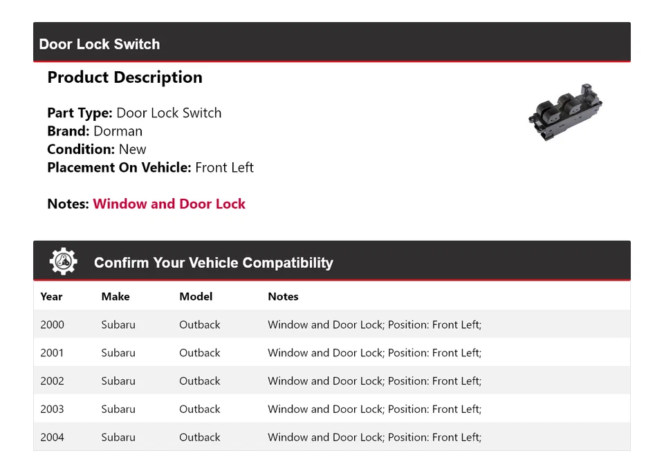 Interruptor de bloqueo de puerta delantero izquierdo para Subaru Outback Dorman 2000-2004 2001 2002 2003 Foto 2 de 4