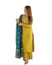 Women's Silk Blend Jacquard Straight Kurta with Pant and Dupatta Set