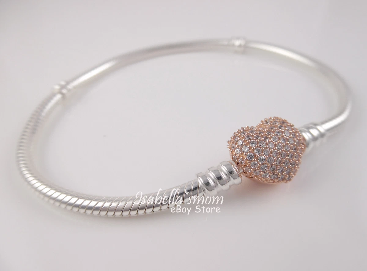 PAVE ROSE GOLD Plated HEART Clasp PANDORA Silver Bracelet 6.3