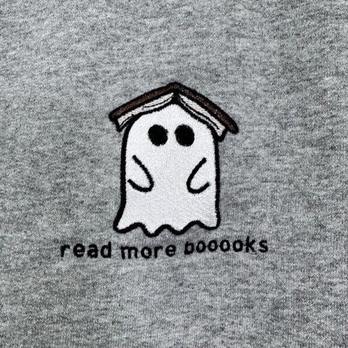 Embroidered Bookworm Read More Boooks Spooky Ghost Book Grey Crewneck Sweatshirt - Picture 4 of 4