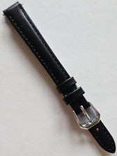 12mm / Long - Black Genuine Leather Watch Band - Silver Buckle / w Pins