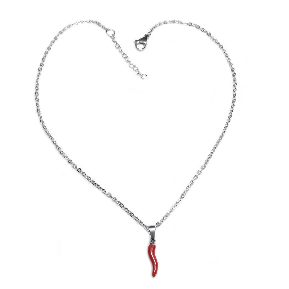 Collana con Cornetto Rosso corno Portafortuna in Acciaio inox Argento Uomo Donna - Immagine 2 di 4
