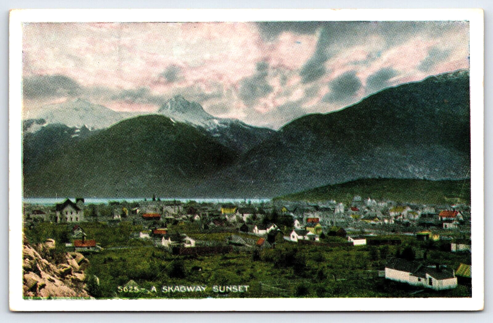 VINTAGE OLD ANTIQUE POSTCARD ALASKA MOUNTAIN RANGE SKAGWAY TOWN SUNSET