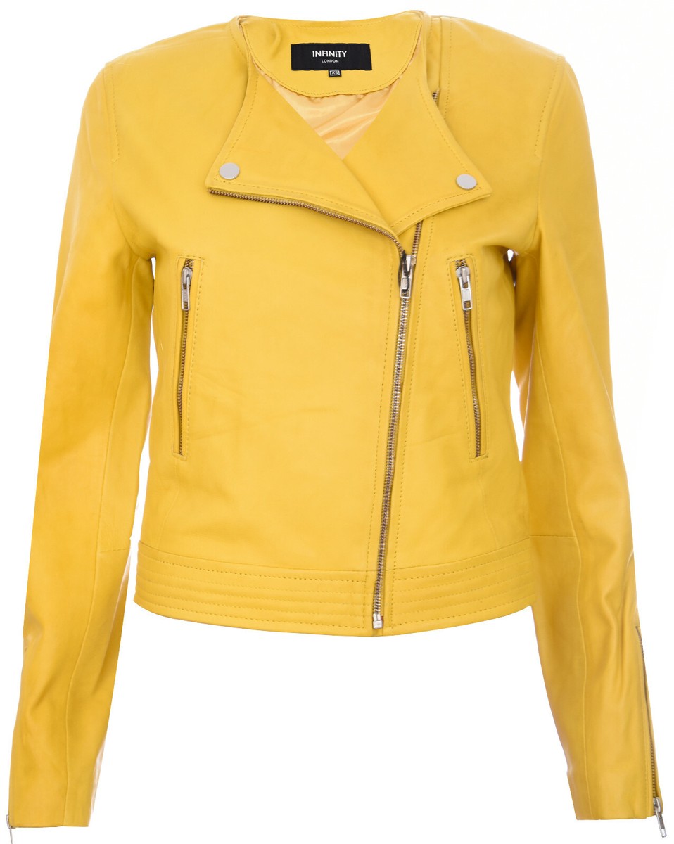 Ladies Leather Jacket Classic Biker Style Yellow Real Collarless Womens  Jacket