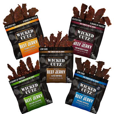 Wicked Cutz Premium  Beef Jerky, High Quality Smoked Flavored Variety,  5-Pack