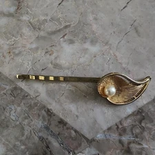 Gold Tone Bobby Pin Leaf Faux Pearl Hair Art