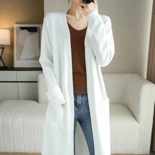 Damen Kaschmir Strickjacke Herbst Lang Strick V-Ausschnitt Wolle Mäntel Mittellang - Bild 15 von 26