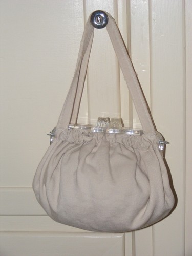40s Purse Lucite & Linen Pouch Bag WWII War Years Cream Double Handle Vintage - Picture 17 of 17