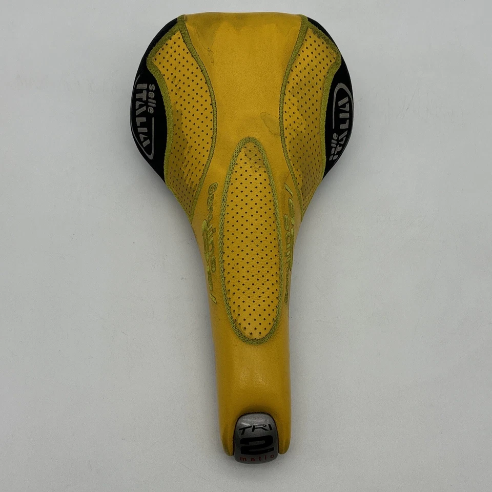 Vintage Selle Italia TRi Matic 2 Yellow Leather Genuine Gel Saddle Bike Seat - Image 2 of 4