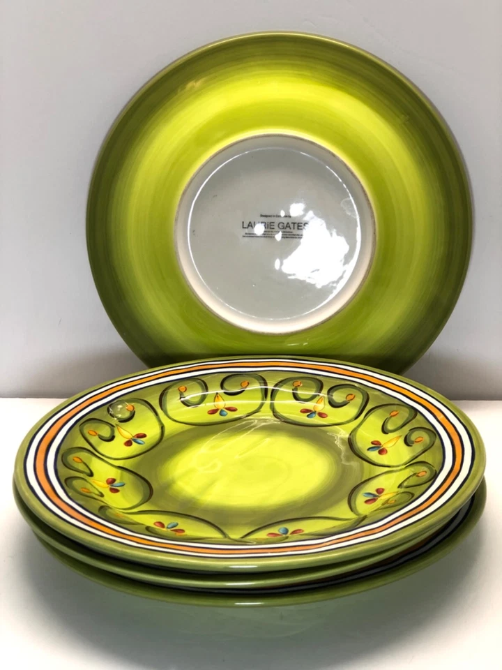 Set Of 4 - Laurie Gates Ceramic Green Floral 12” Dinner Plates - Image 3 of 4