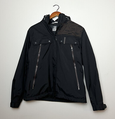 Merrell Womens Hooded Winter Ski Jacket Black Brown Stripe Detail Nylon Sz M