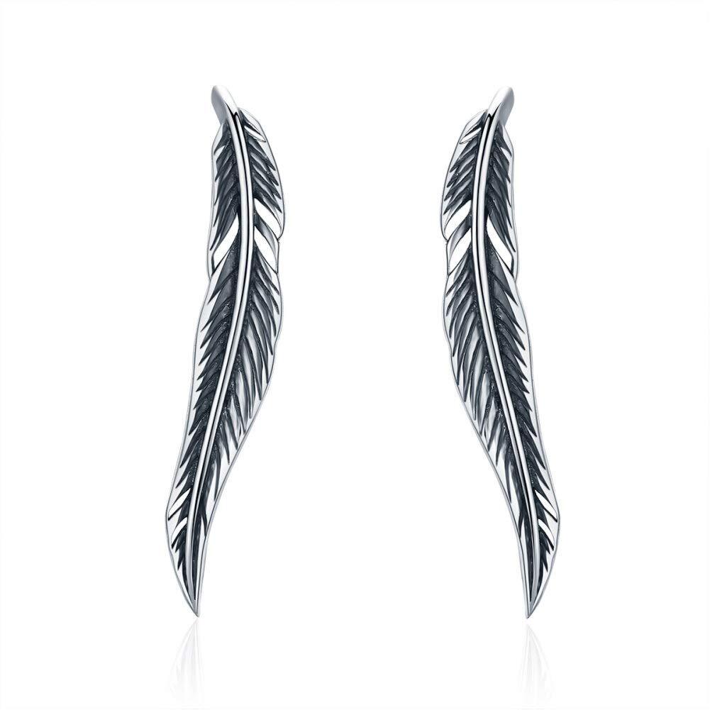 Feather 925 Sterling Silver Ear Cuff Wrap Earrings for Women Girls Pierced ea...