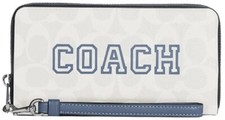 Coach Signature Chalk Indigo Blue Varsity Motif Canvas Zip Around Wallet NWT
