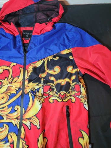 Encrypted Zip Up Hooded Red Blue Gold Black Jacket Color Lightweight Preowned - Picture 3 of 10