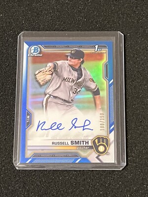 Russell Smith 2021 Bowman Chrome Draft Blue Refractor Auto #d /150 Brewers