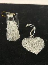 Vintage Spun Glass Angel & Heart Ornaments Pair Clear Lace Look 2.5" Christmas