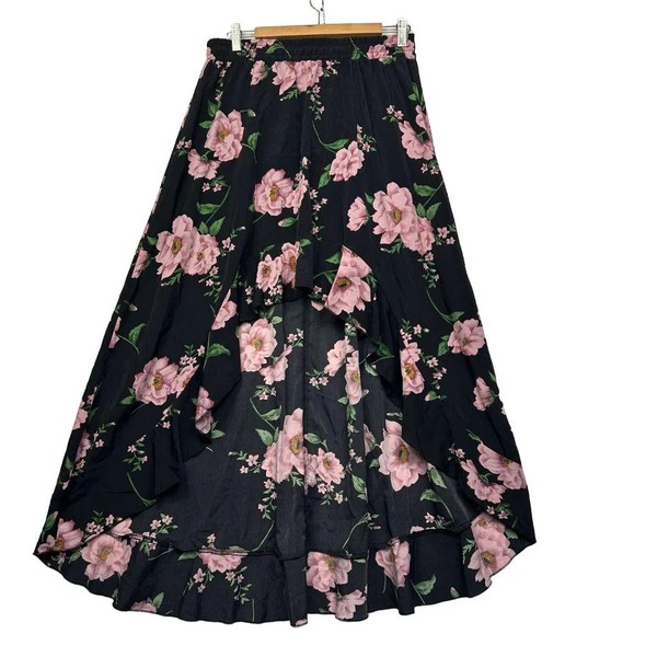 Shein Black Pink Floral Ruffle High Low Maxi Skirt Plus Size XL Elastic Waist