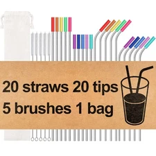 Reusable Stainless Steel Straws 20 Pack with Silicone Tips and Brushes
