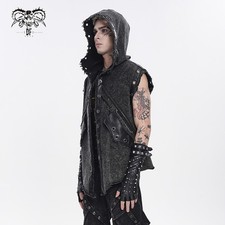 Devil Fashion Men Punk Eyelet Distressed Hooded Sleeveless Vest Rivet Waistcoat