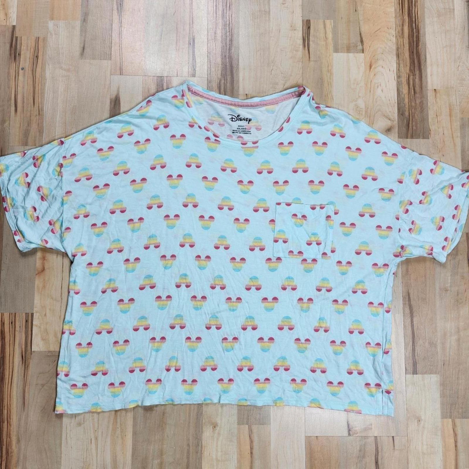 Disney Mickey Mouse Rainbow T-Shirt Top w/ Pocket, Relaxed Fit XXL