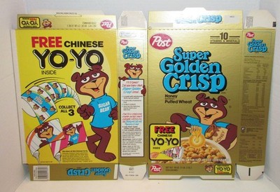 1990's Post Super Golden Crisp Cereal Box , Chinese Yo-Yo Offer, Mint Box Flat