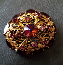 Vintage Red Rivoli and Pink Rhinestone Filigree Goldtone Brooch