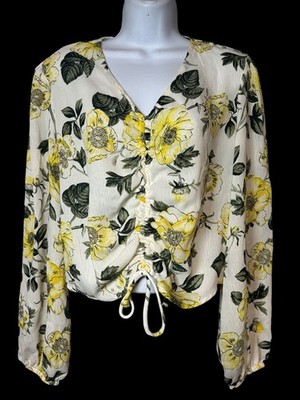 y2k Rue 21 Sz L Cropped Top Yellow Floral Ruched Front Boho Hippie Fairy