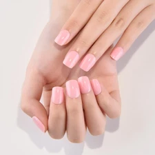 evpct Nude Pink Glossy Press on Nails Short Square, Glossy Pink Fake Nails Su...