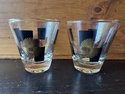 Vtg MCM Atomic Starburst Whiskey/Dble Shot Glasses Gold &Black Barware Set of 2