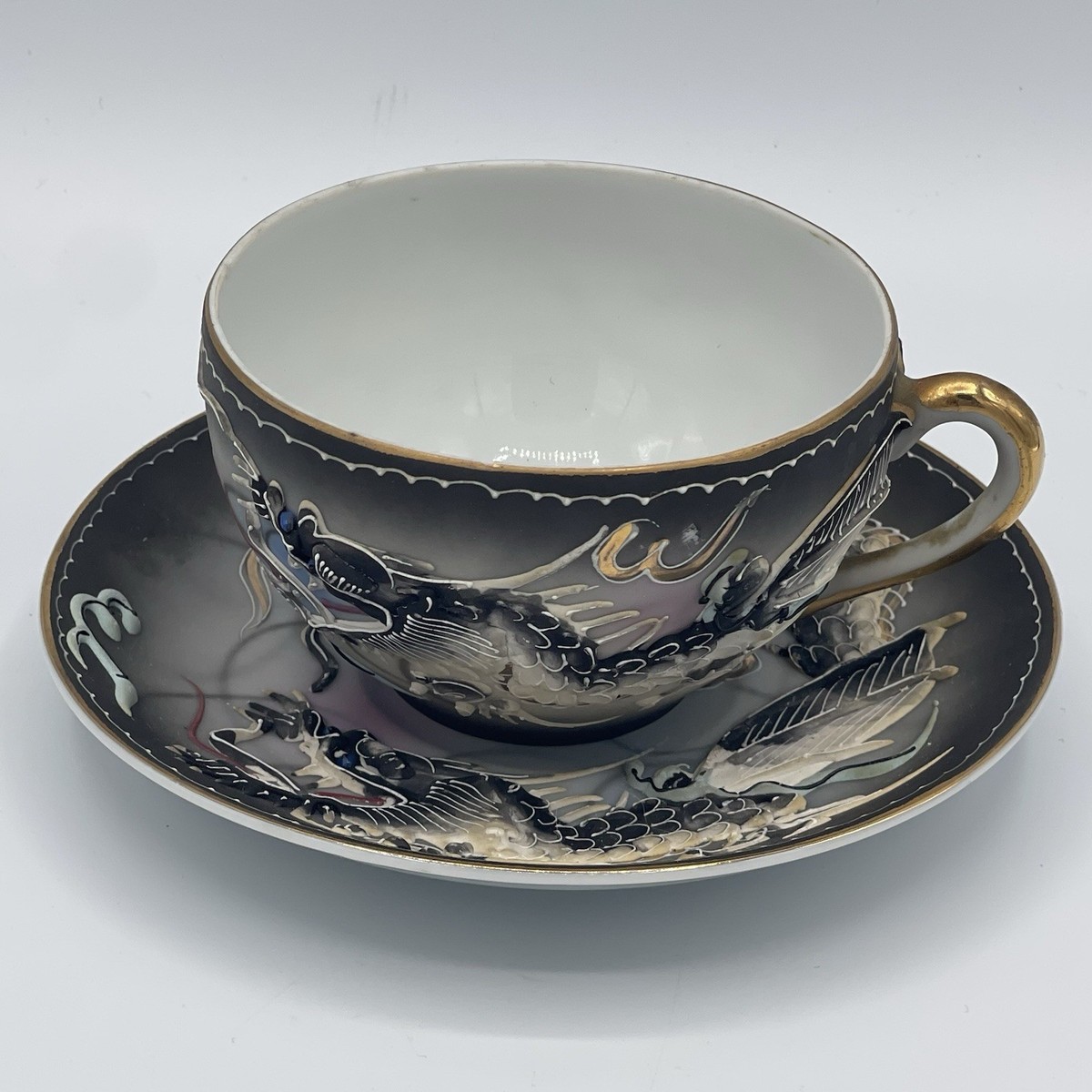Japanese Moriage Dragonware Lithophane Demitasse Tea Cup & Saucer 