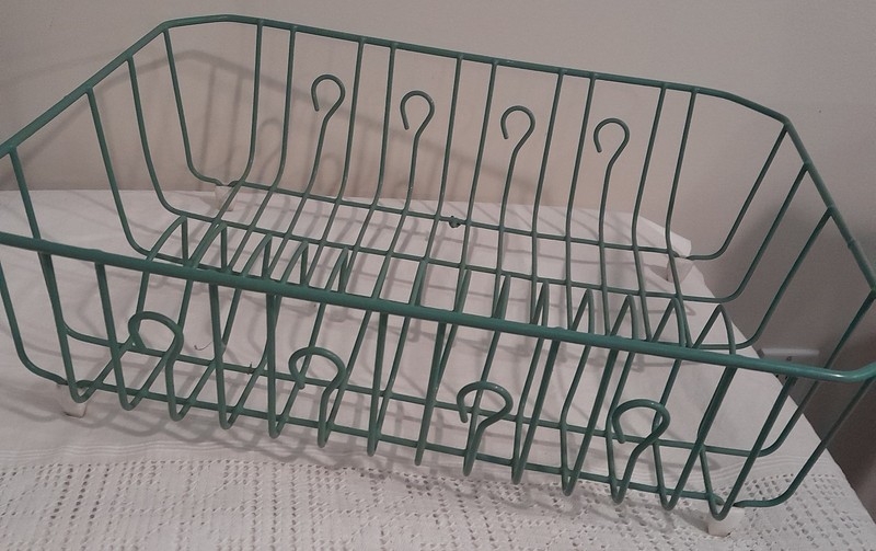 Vtg 40s/50s Rubberized Coated Wire Dish Drainer Rack w/Feet Art Deco Green 17.5"