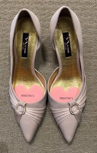 Nina Champagne Beige Satin Pumps Evening W/Rhinestone Open-Side | 9M