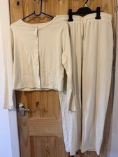 Women's White Lounge Set Button Down Top & Pants With Pockets Size UK XL