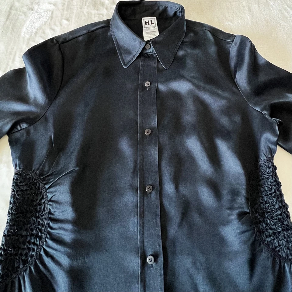 HERVE LEGER PARIS Negro Seda Botón Delantero Top Manga Larga Cintura Fruncida Talla 8 Foto 3 de 4