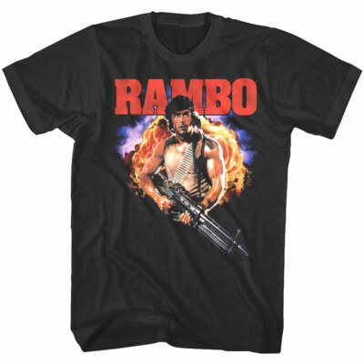 Rambo First Blood Movie Poster Men's T-Shirt Sly Stallone Guns Explosions Tee