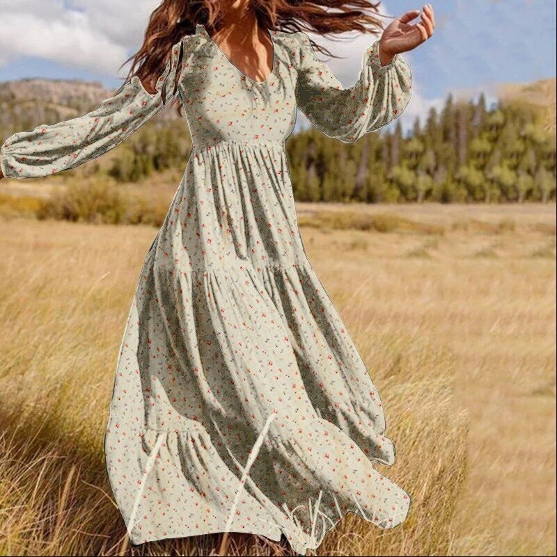 Floral Chiffon Fashion High Quality Maxi Dress Women V-Neck