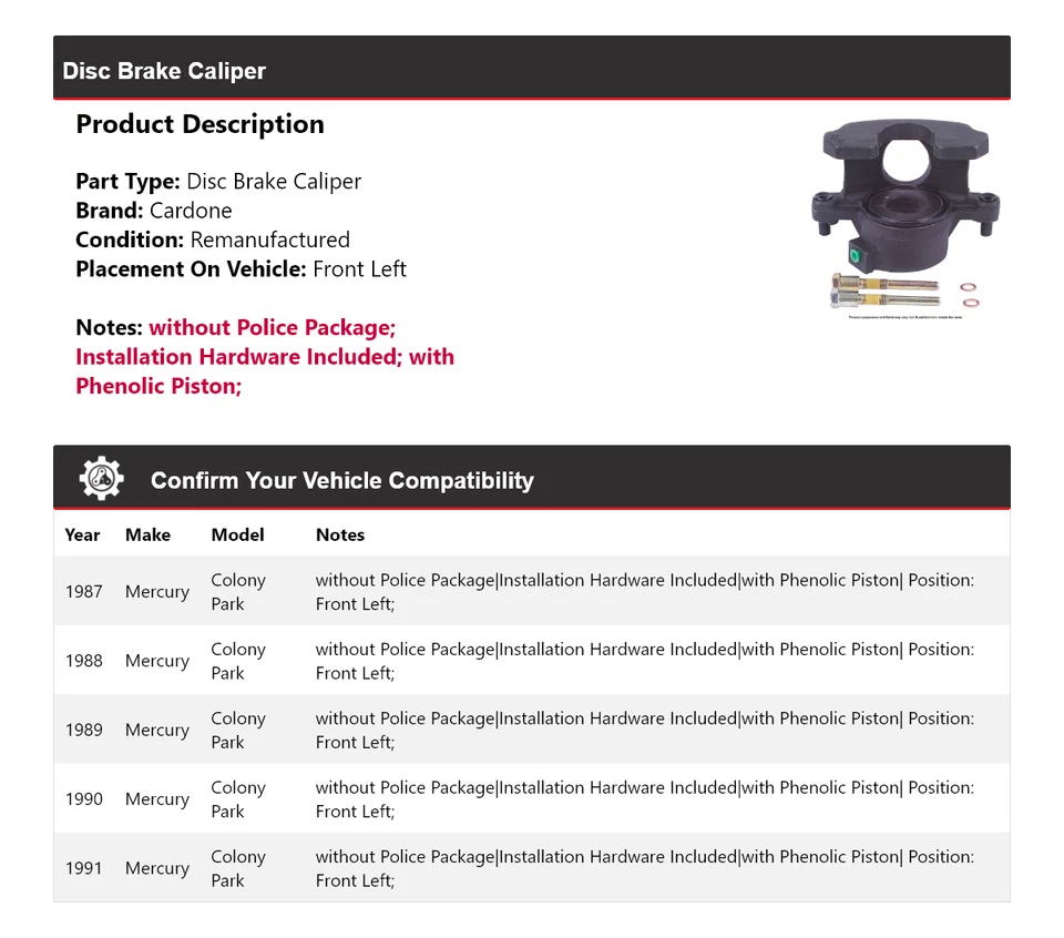 Pinza de freno de disco delantera izquierda Cardone 1988 para Mercury Colony Park 1987-1991 Foto 2 de 4